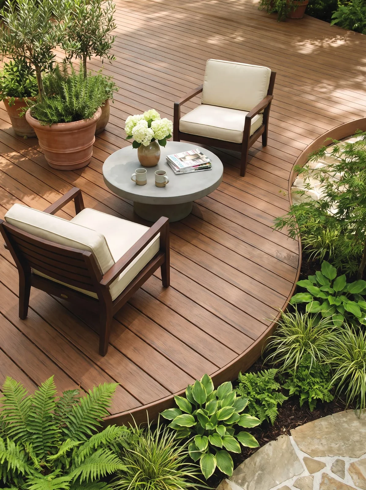 Deck curvo em madeira ecológica com poltronas, mesa de centro e vegetação ao redor